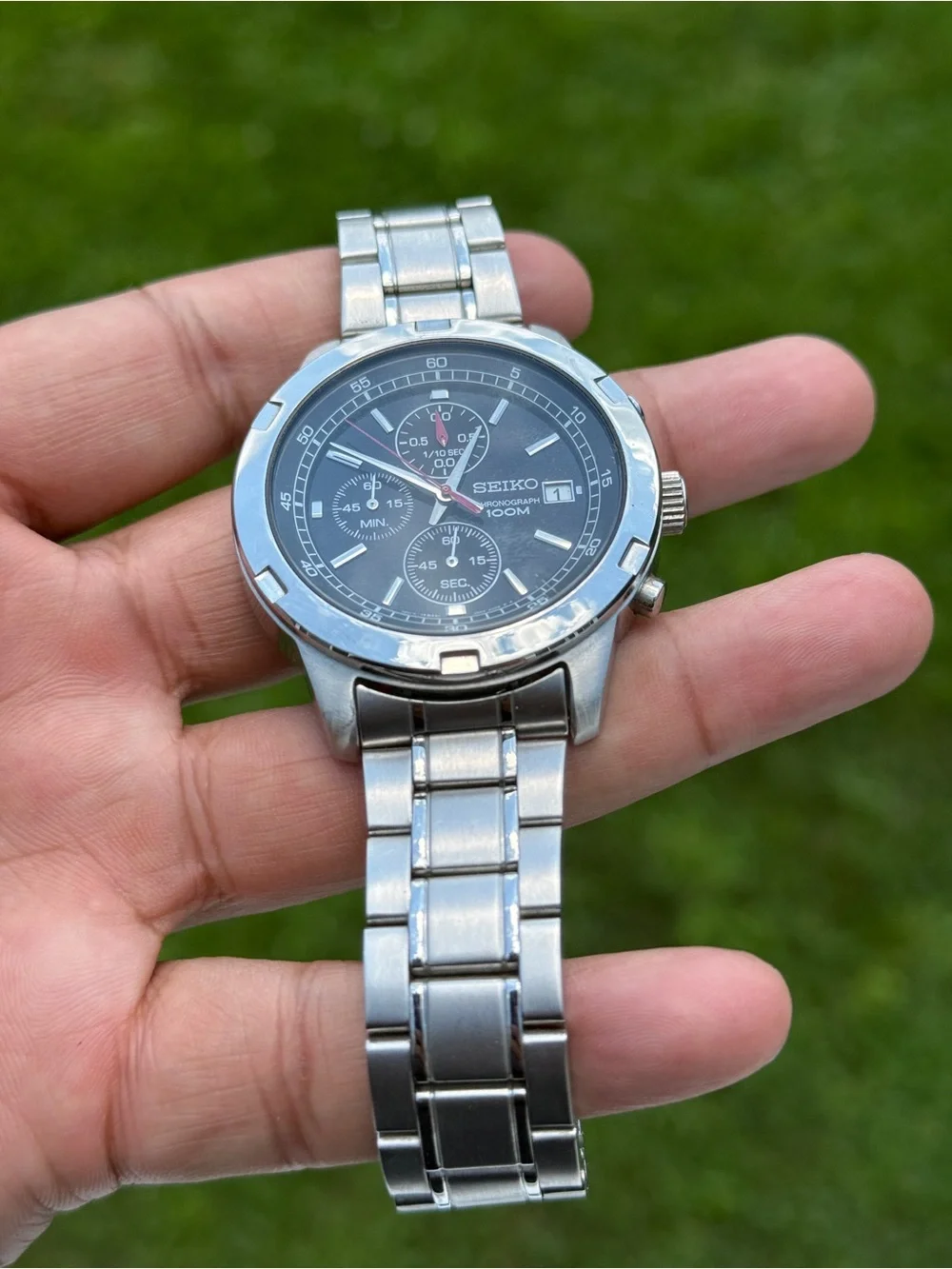 Seiko Black Dial Stainless Steel Chronograph Watch Mens